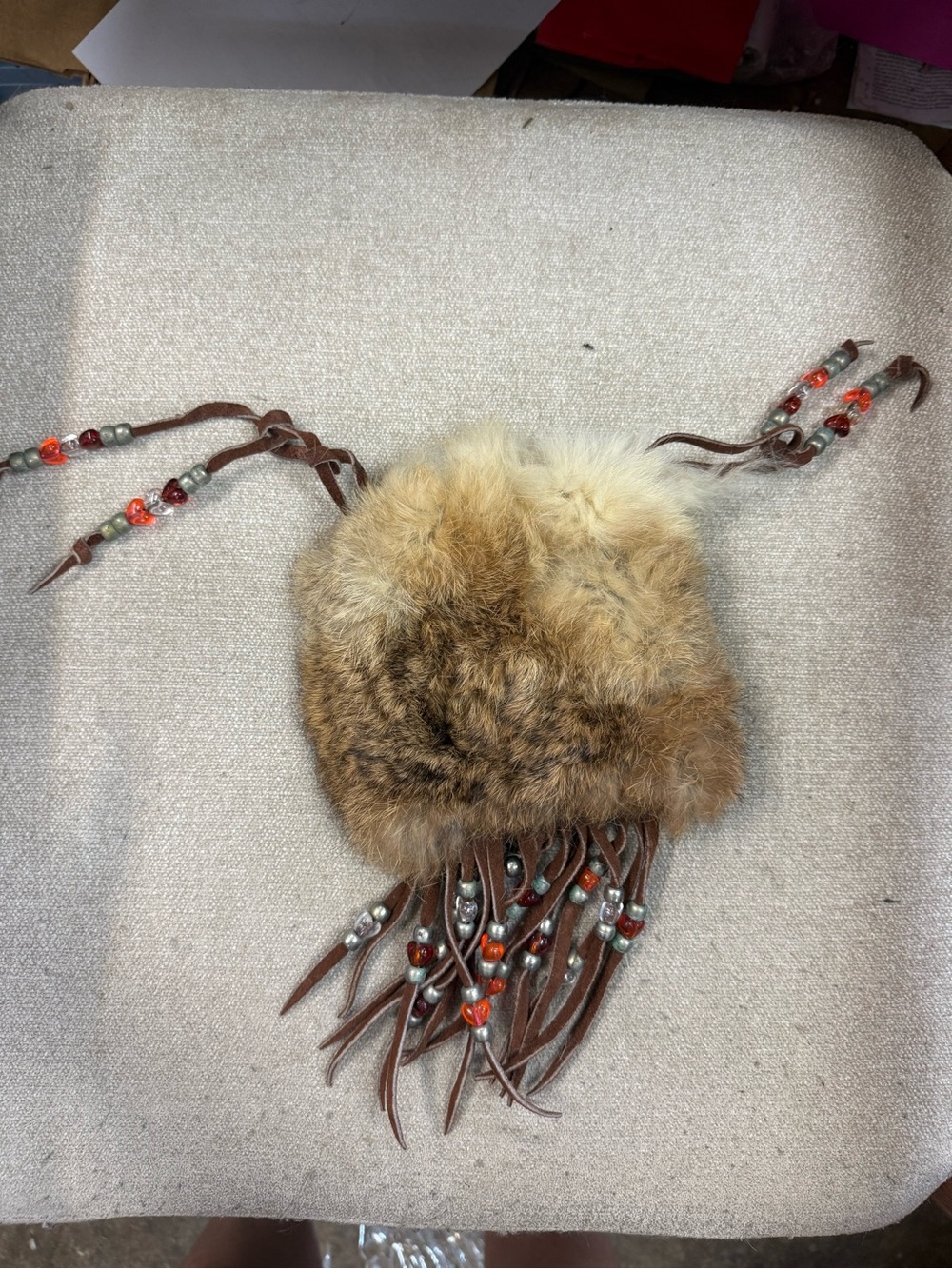 Hand Crafted Brown Faux Fur Beaded Fringe Satchel with Orange Accents